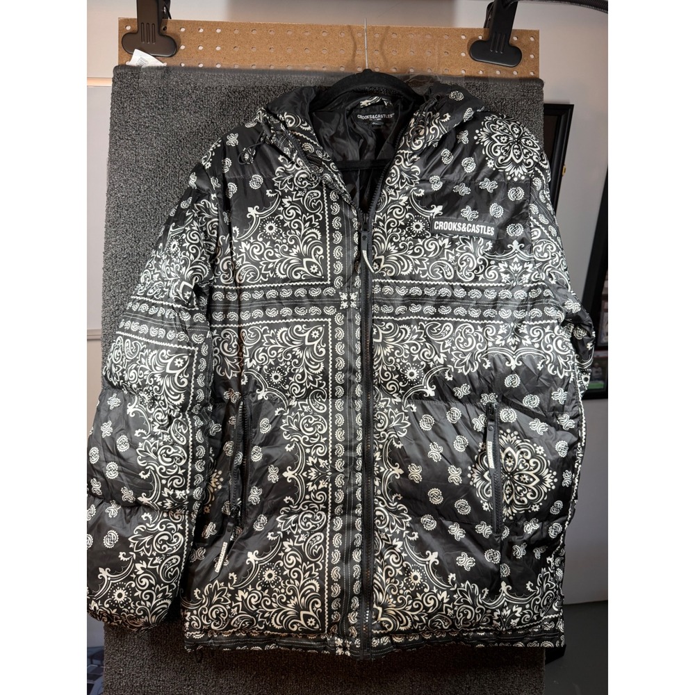 Crooks & Castles Puffer Jacket Mens Small Black Bandana Paisley Pocket Zipper
